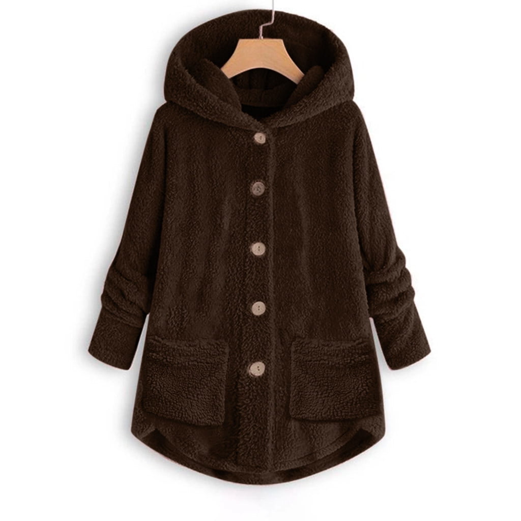 FNFYFH Winter Plush Coat for Women Warm Fluffy Hooded Coats Hot Sale Womens Button Long Sleeve Jackets with Pockets Thermal Outerwear S-5XL