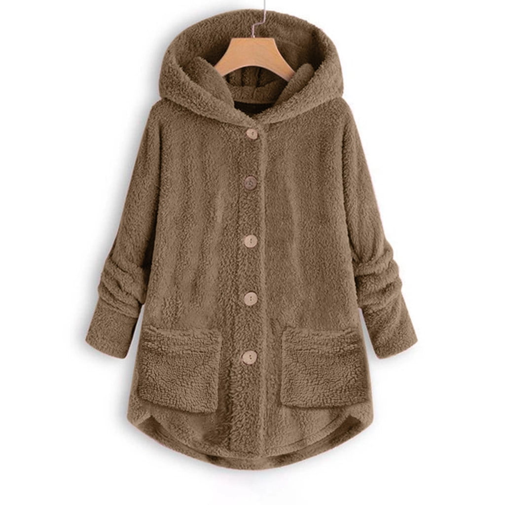 FNFYFH Winter Plush Coat for Women Warm Fluffy Hooded Coats Hot Sale Womens Button Long Sleeve Jackets with Pockets Thermal Outerwear S-5XL