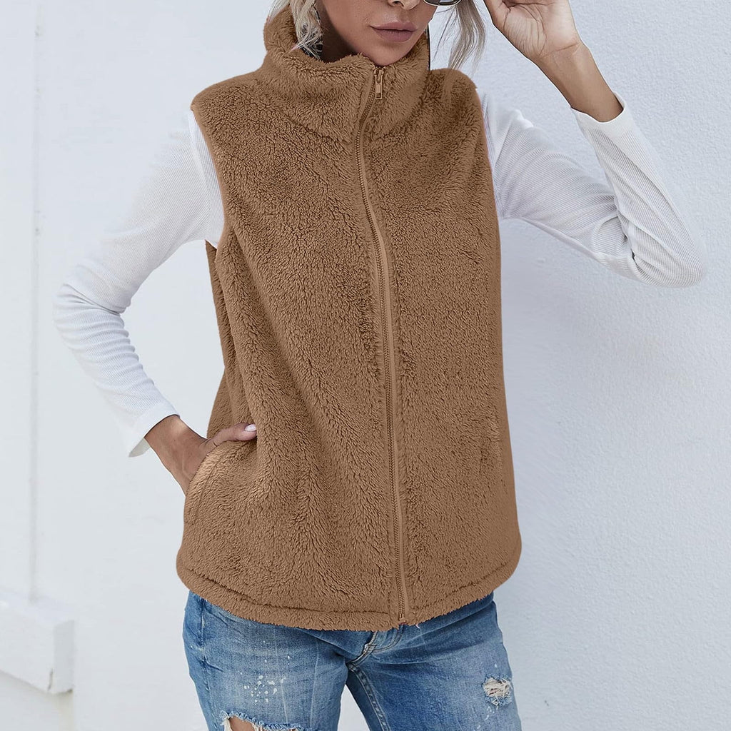 FNFYFH Fleece Vest for Women Fluffy Vest Zipper Sleeveless Coat with Pockets Winter Warm Zip Up Jackets 2025 Plus Size Jacket Blue S-5XL