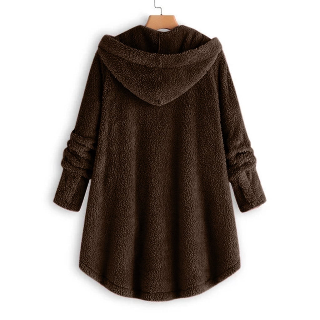 FNFYFH Winter Plush Coat for Women Warm Fluffy Hooded Coats Hot Sale Womens Button Long Sleeve Jackets with Pockets Thermal Outerwear S-5XL