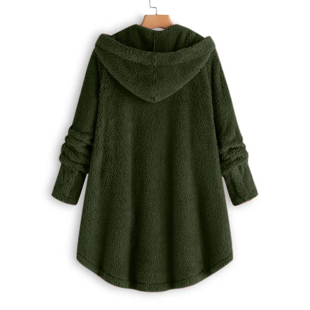 FNFYFH Winter Plush Coat for Women Warm Fluffy Hooded Coats Hot Sale Womens Button Long Sleeve Jackets with Pockets Thermal Outerwear S-5XL