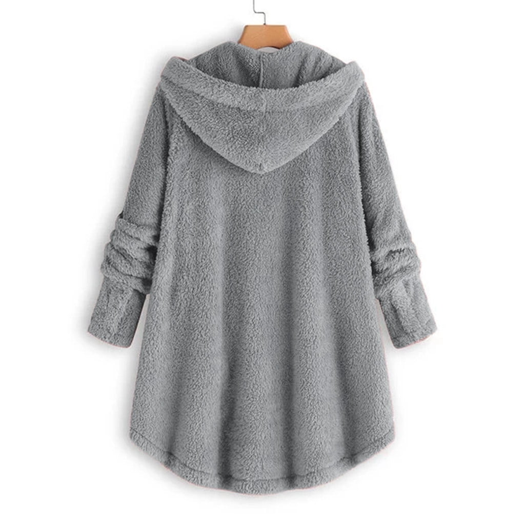 FNFYFH Winter Plush Coat for Women Warm Fluffy Hooded Coats Hot Sale Womens Button Long Sleeve Jackets with Pockets Thermal Outerwear S-5XL