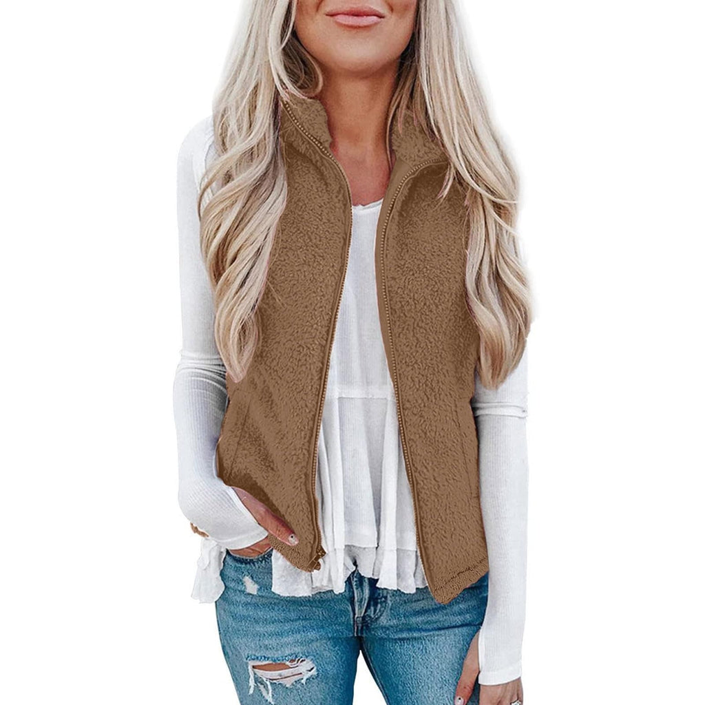 FNFYFH Fleece Vest for Women Fluffy Vest Zipper Sleeveless Coat with Pockets Winter Warm Zip Up Jackets 2025 Plus Size Jacket Blue S-5XL