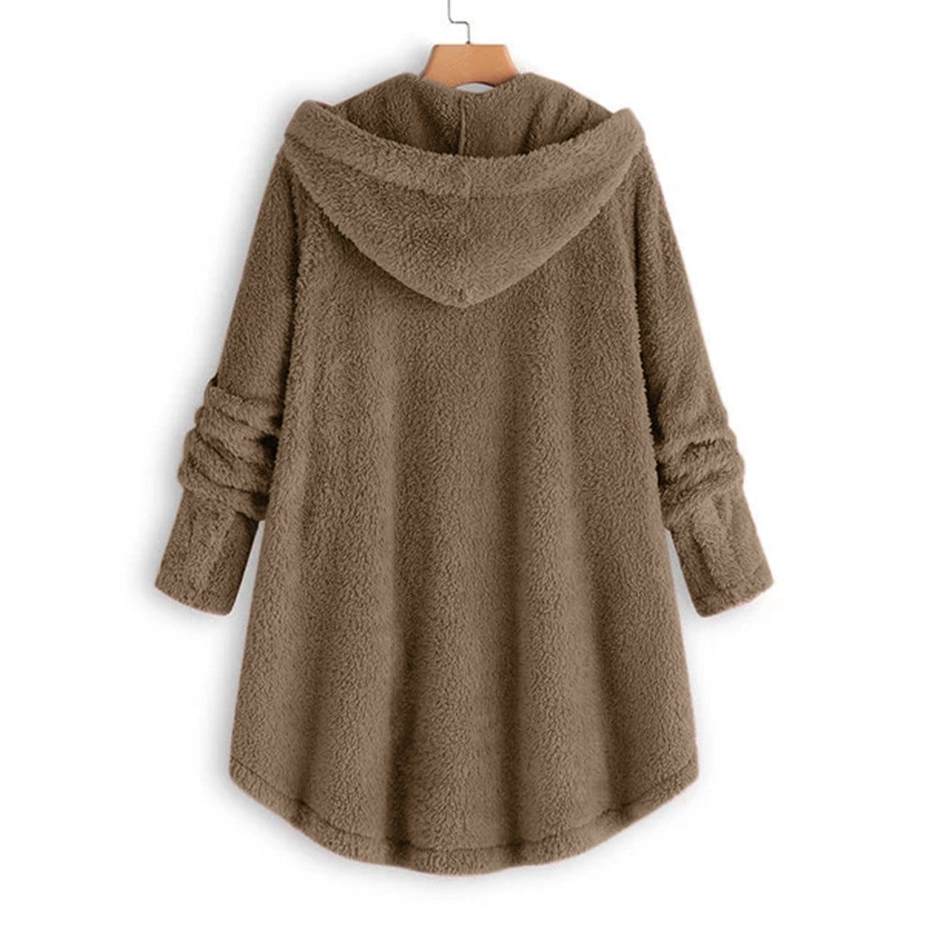 FNFYFH Winter Plush Coat for Women Warm Fluffy Hooded Coats Hot Sale Womens Button Long Sleeve Jackets with Pockets Thermal Outerwear S-5XL