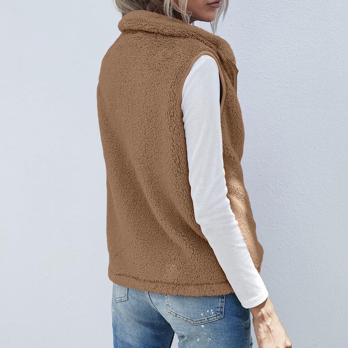 FNFYFH Fleece Vest for Women Fluffy Vest Zipper Sleeveless Coat with Pockets Winter Warm Zip Up Jackets 2025 Plus Size Jacket Blue S-5XL